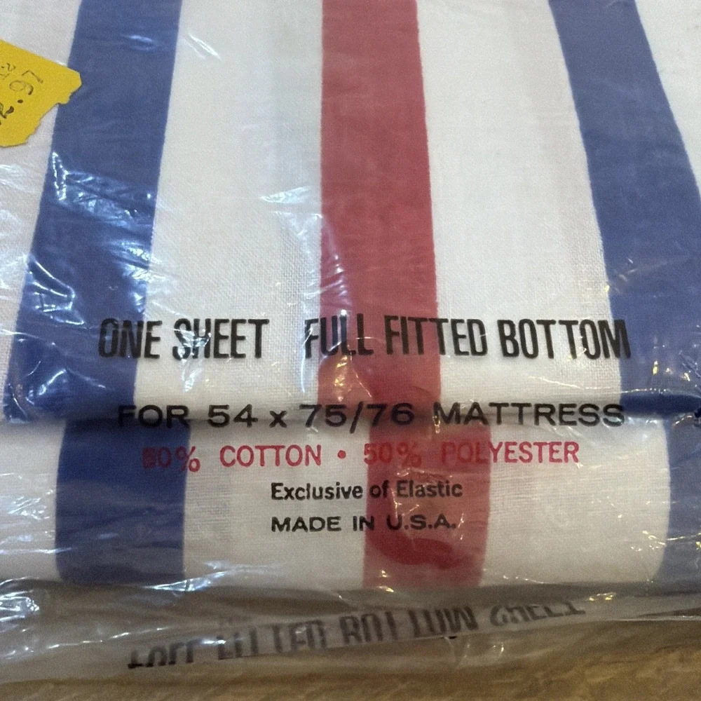VTG USA 70/80s CANNON MONTICELLO RED WHITE BLUE FULL SZ FITTED & FLAT SHEET SET